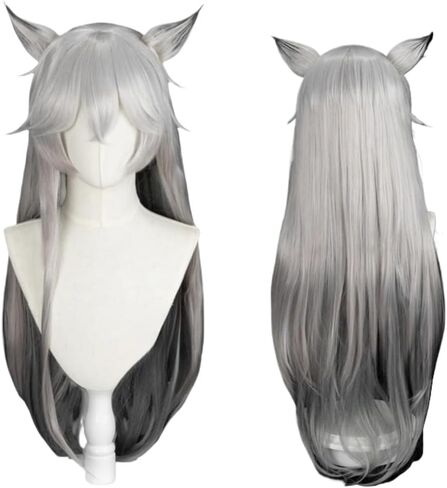 Game Arknights、Lappland Cosplay Wig Silver White Gradient Gray Wig Layered Wig with Bangs Cosplay Show Wig Halloween Christmas Costume Party+Wig Cap + Ear in Saudi Arabia