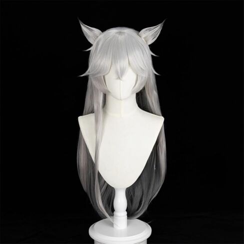 Game Arknights、Lappland Cosplay Wig Silver White Gradient Gray Wig Layered Wig with Bangs Cosplay Show Wig Halloween Christmas Costume Party+Wig Cap + Ear in Saudi Arabia