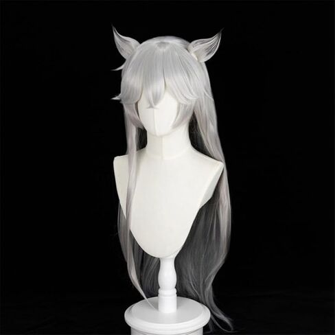 Game Arknights、Lappland Cosplay Wig Silver White Gradient Gray Wig Layered Wig with Bangs Cosplay Show Wig Halloween Christmas Costume Party+Wig Cap + Ear in Saudi Arabia