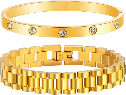 قطعتان من أساور الحب المطلية بالذهب عيار 18 قيراط للنساء، مجموعة أساور ساعة بسلسلة ذهبية، مجوهرات من الفولاذ المقاوم للصدأ غير مشوهة مع أداة قابلة للتعديل. in Kuwait