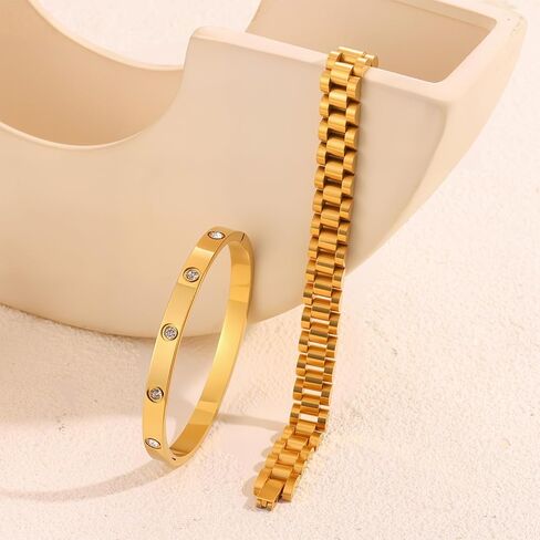 قطعتان من أساور الحب المطلية بالذهب عيار 18 قيراط للنساء، مجموعة أساور ساعة بسلسلة ذهبية، مجوهرات من الفولاذ المقاوم للصدأ غير مشوهة مع أداة قابلة للتعديل. in Kuwait