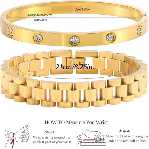 قطعتان من أساور الحب المطلية بالذهب عيار 18 قيراط للنساء، مجموعة أساور ساعة بسلسلة ذهبية، مجوهرات من الفولاذ المقاوم للصدأ غير مشوهة مع أداة قابلة للتعديل. in Kuwait