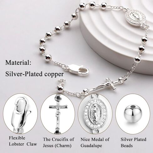 4mm Silver Plated Beads Catholic Rosary Chain Bracelet for Women with Gift Box in Saudi Arabia