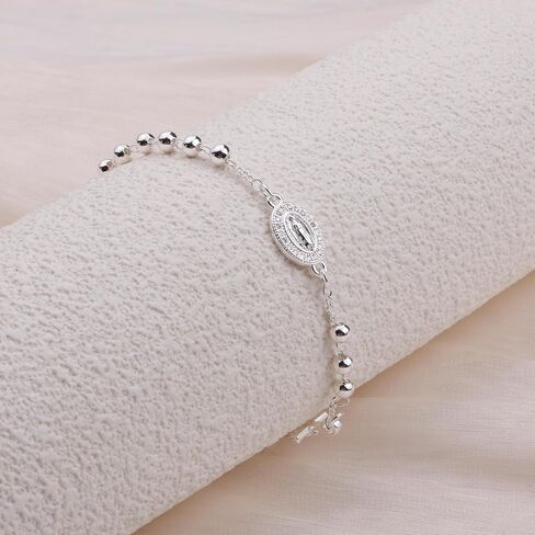 4mm Silver Plated Beads Catholic Rosary Chain Bracelet for Women with Gift Box in Saudi Arabia
