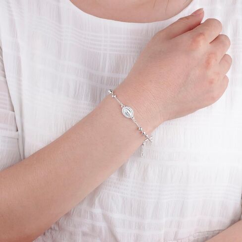 4mm Silver Plated Beads Catholic Rosary Chain Bracelet for Women with Gift Box in Saudi Arabia