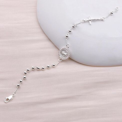 4mm Silver Plated Beads Catholic Rosary Chain Bracelet for Women with Gift Box in Saudi Arabia