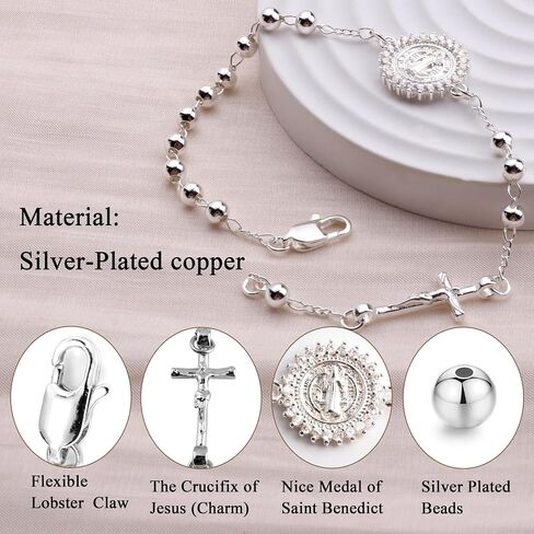 4mm Silver Plated Beads Catholic Rosary Chain Bracelet for Women with Gift Box in Saudi Arabia