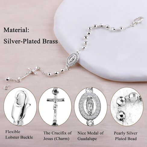 4mm Silver Plated Beads Catholic Rosary Chain Bracelet for Women with Gift Box in Saudi Arabia