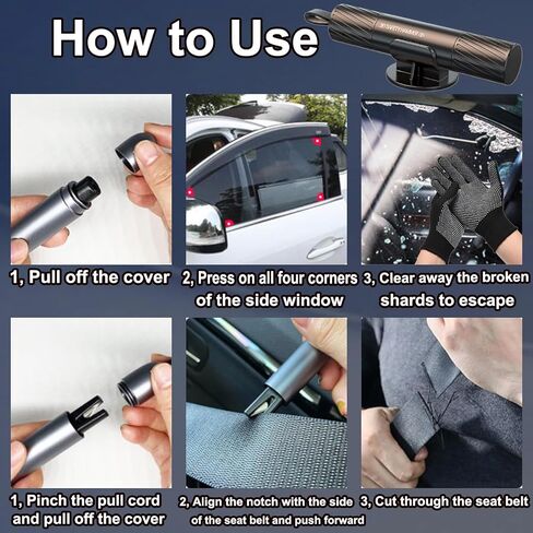Safe Hammer Glass Breaker with Seatbelt Cutter Shatters Underwater Glass in 1 Second, Life Hammer Car Escape Tool with High-Hardness Tungsten Carbide Tip 70+ HRC, Includes Slip & Cut Resistant Gloves in Saudi Arabia