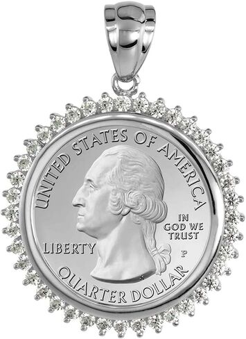 Sterling Silver Cubic Zirconia Quarter Dollar Bezel CZ Halo 24 mm Coins Prong Back 25 Cent Coin NOT Included in Saudi Arabia