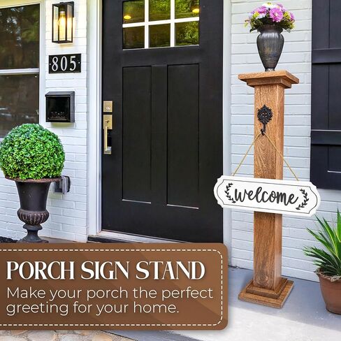 علامة الشرفة الخشبية، عمود إكليل - 42.5 بوصة علامة ترحيب لديكور الشرفة الأمامية - مصنوعة يدويًا من خشب المانجو المتين - حامل إكليل الباب الأمامي - حامل لافتات الترحيب بالمنزل - ديكور الباب الأمامي in Kuwait