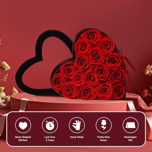 الورود الأبدية في صندوق قلب مائل 16 قطعة من الورود الحقيقية المحفوظة هدية للنساء وأمها في عيد ميلاد الأم وعيد الحب باللون الأحمر in Kuwait