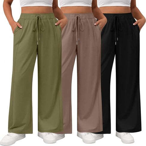 3 Pack Women's Plus Size Wide Leg Pants High Waist Lounge Yoga Sweatpants with Pockets Casual Drawstring Jogger in Saudi Arabia