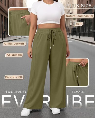 3 Pack Women's Plus Size Wide Leg Pants High Waist Lounge Yoga Sweatpants with Pockets Casual Drawstring Jogger in Saudi Arabia