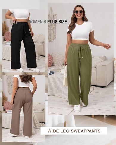 3 Pack Women's Plus Size Wide Leg Pants High Waist Lounge Yoga Sweatpants with Pockets Casual Drawstring Jogger in Saudi Arabia