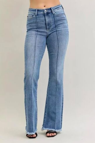 Judy Blue High Rise Fray Hem Flared Jeans with Front Pintuck Detail- Ivory Gem in Saudi Arabia