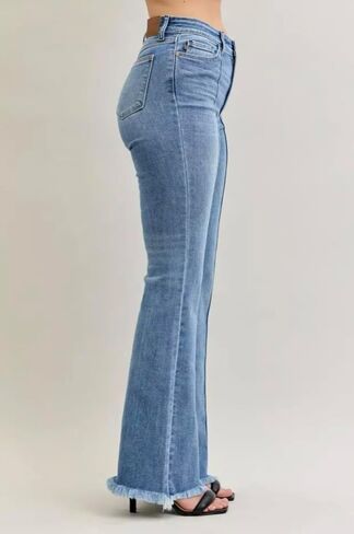 Judy Blue High Rise Fray Hem Flared Jeans with Front Pintuck Detail- Ivory Gem in Saudi Arabia