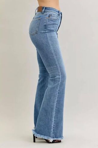 Judy Blue High Rise Fray Hem Flared Jeans with Front Pintuck Detail- Ivory Gem in Saudi Arabia