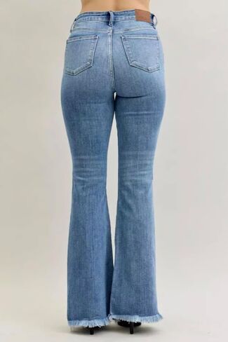 Judy Blue High Rise Fray Hem Flared Jeans with Front Pintuck Detail- Ivory Gem in Saudi Arabia