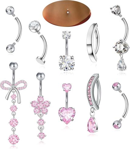 10PCS Gold Belly Button Ring for Women Dangle Surgical Steel 14G CZ Floating Hypoallergenic Clicker Pink Heart Long Flower Belly Button Piercing Jewelry in Saudi Arabia