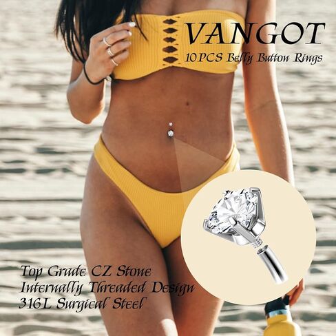 10PCS Gold Belly Button Ring for Women Dangle Surgical Steel 14G CZ Floating Hypoallergenic Clicker Pink Heart Long Flower Belly Button Piercing Jewelry in Saudi Arabia