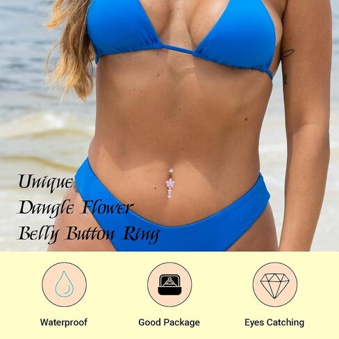 10PCS Gold Belly Button Ring for Women Dangle Surgical Steel 14G CZ Floating Hypoallergenic Clicker Pink Heart Long Flower Belly Button Piercing Jewelry in Saudi Arabia