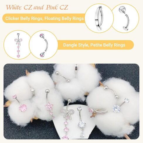 10PCS Gold Belly Button Ring for Women Dangle Surgical Steel 14G CZ Floating Hypoallergenic Clicker Pink Heart Long Flower Belly Button Piercing Jewelry in Saudi Arabia
