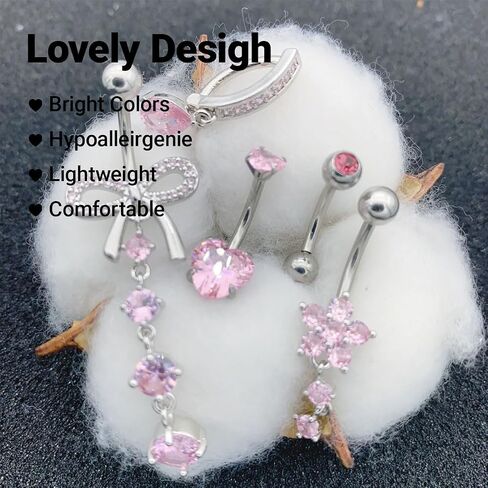 10PCS Gold Belly Button Ring for Women Dangle Surgical Steel 14G CZ Floating Hypoallergenic Clicker Pink Heart Long Flower Belly Button Piercing Jewelry in Saudi Arabia