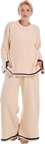 Women’s 2 Piece Fleece Fuzzy Pajamas Long Sleeve Crewneck Wide Leg Winter Sherpa Lounge Sets For Women Knit in Saudi Arabia