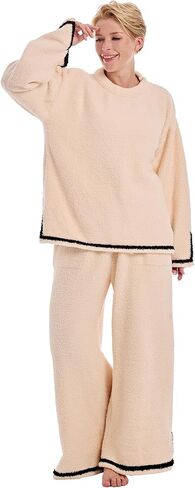 Women’s 2 Piece Fleece Fuzzy Pajamas Long Sleeve Crewneck Wide Leg Winter Sherpa Lounge Sets For Women Knit in Saudi Arabia