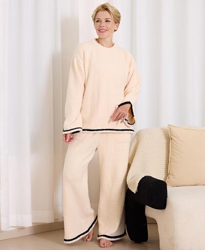 Women’s 2 Piece Fleece Fuzzy Pajamas Long Sleeve Crewneck Wide Leg Winter Sherpa Lounge Sets For Women Knit in Saudi Arabia