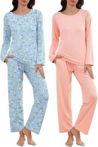 Cosy Pyro 2 Pack Women's Pajama Set Soft Loungewear Pjs Sets Long Sleeve Pajamas Top and Pants with Pockets in Kuwait