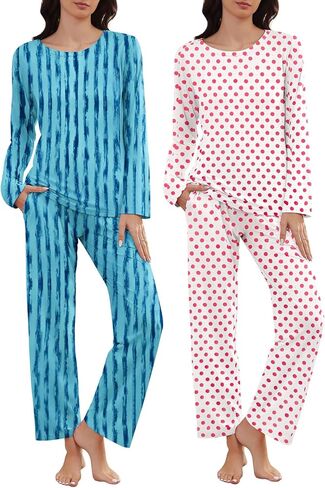 Cosy Pyro 2 Pack Women's Pajama Set Soft Loungewear Pjs Sets Long Sleeve Pajamas Top and Pants with Pockets in Kuwait