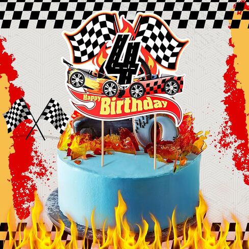 Maitys Race Car عيد الميلاد الرابع كعكة توبر سباق السيارات موضوع حفلة عيد ميلاد لوازم متقلب العلم كب كيك الزينة صور الدعائم لمدة أربع سنوات من العمر in Saudi Arabia