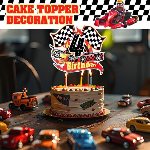 Maitys Race Car عيد الميلاد الرابع كعكة توبر سباق السيارات موضوع حفلة عيد ميلاد لوازم متقلب العلم كب كيك الزينة صور الدعائم لمدة أربع سنوات من العمر in Saudi Arabia