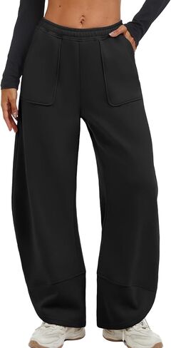 ELLEVEN Womens Fleece Lined Barrel Sweatpants – Low Rise Thermal Lounge Pants, Baggy Wide Leg with Large Pockets in Saudi Arabia