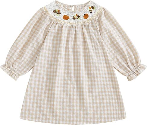 Toddler Girl Thanksgiving Smocked Dress Long Sleeve Peter Pan Collar Turkey Embroidery Striped Dress Fall Outfits in Saudi Arabia