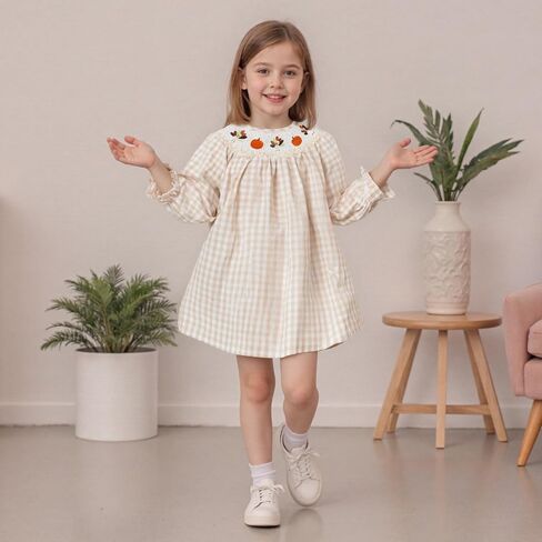 Toddler Girl Thanksgiving Smocked Dress Long Sleeve Peter Pan Collar Turkey Embroidery Striped Dress Fall Outfits in Saudi Arabia