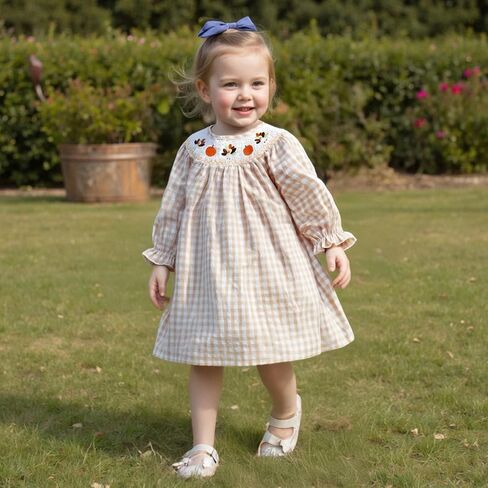Toddler Girl Thanksgiving Smocked Dress Long Sleeve Peter Pan Collar Turkey Embroidery Striped Dress Fall Outfits in Saudi Arabia