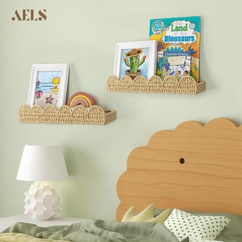 رف كتب الحضانة AELS Scalloped، مجموعة من 4، رف حافة للصور لديكور الحائط، أرفف عائمة من ورق القش المنسوج للكتب والألعاب وإطارات الصور والحضانة ورف كتب المزرعة الحديثة من Boho in Saudi Arabia