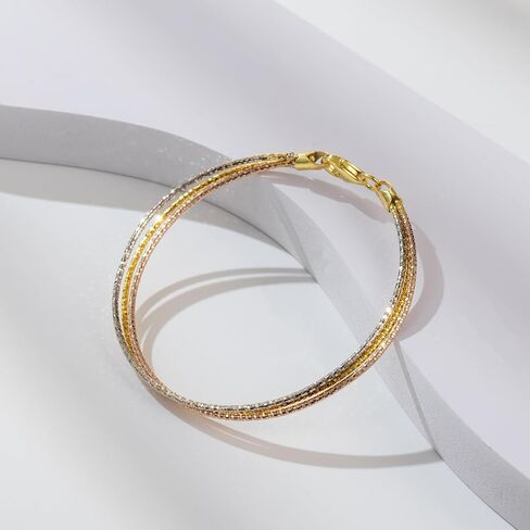 925 Sterling Silver Tri-color Stackable Bracelet for Women | Silver, Gold&Rose Gold Plated 3-Strand Diamond-Cut Link Chain | Trendy Dainty Layered Bracelets | Gift for Her, Birthday, Christmas, Valentine's Day in Saudi Arabia