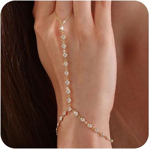 Gold Hand Chain Bracelets for Women Trendy，Dainty Clover Pearl Charm Ring Bracelet Hand Chain 14K Gold Planted Cute Heart Butterfly Flower Stackable Bracelets for Women Non Tarnish Gold Jewelry Gifts in Kuwait