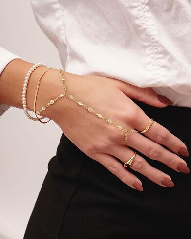 Gold Hand Chain Bracelets for Women Trendy，Dainty Clover Pearl Charm Ring Bracelet Hand Chain 14K Gold Planted Cute Heart Butterfly Flower Stackable Bracelets for Women Non Tarnish Gold Jewelry Gifts in Kuwait