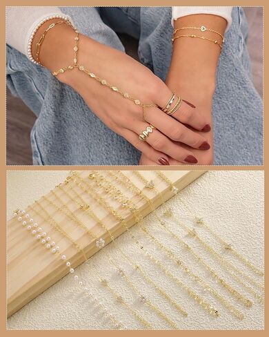 Gold Hand Chain Bracelets for Women Trendy，Dainty Clover Pearl Charm Ring Bracelet Hand Chain 14K Gold Planted Cute Heart Butterfly Flower Stackable Bracelets for Women Non Tarnish Gold Jewelry Gifts in Kuwait