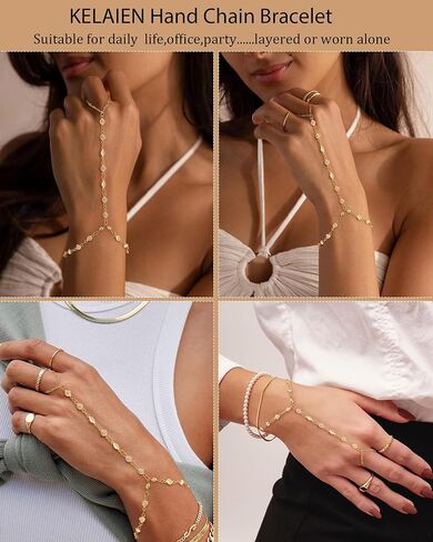 Gold Hand Chain Bracelets for Women Trendy，Dainty Clover Pearl Charm Ring Bracelet Hand Chain 14K Gold Planted Cute Heart Butterfly Flower Stackable Bracelets for Women Non Tarnish Gold Jewelry Gifts in Kuwait