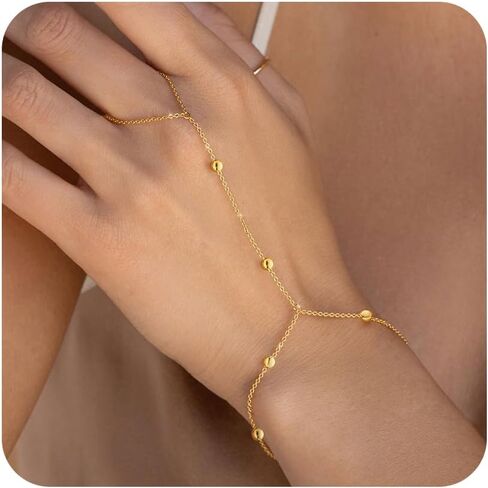 Gold Hand Chain Bracelets for Women Trendy，Dainty Clover Pearl Charm Ring Bracelet Hand Chain 14K Gold Planted Cute Heart Butterfly Flower Stackable Bracelets for Women Non Tarnish Gold Jewelry Gifts in Kuwait