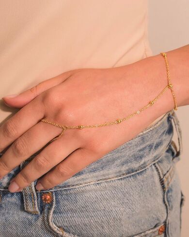 Gold Hand Chain Bracelets for Women Trendy，Dainty Clover Pearl Charm Ring Bracelet Hand Chain 14K Gold Planted Cute Heart Butterfly Flower Stackable Bracelets for Women Non Tarnish Gold Jewelry Gifts in Kuwait