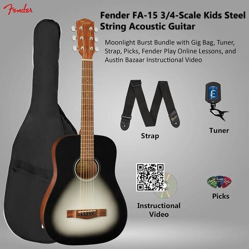 Fender FA-15 3/4-Scale Kids Steel String Acoustic Guitar - Natural Bundle with Gig Bag, Tuner, Strap, Picks, Fender Play Online Lessons, and Austin Bazaar Instructional DVD in Saudi Arabia