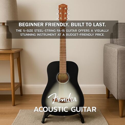 Fender FA-15 3/4-Scale Kids Steel String Acoustic Guitar - Natural Bundle with Gig Bag, Tuner, Strap, Picks, Fender Play Online Lessons, and Austin Bazaar Instructional DVD in Saudi Arabia