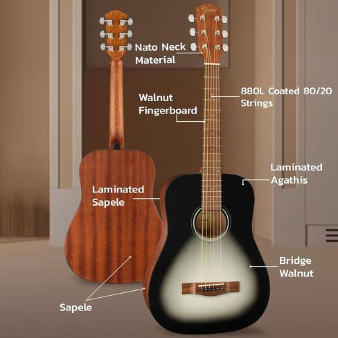 Fender FA-15 3/4-Scale Kids Steel String Acoustic Guitar - Natural Bundle with Gig Bag, Tuner, Strap, Picks, Fender Play Online Lessons, and Austin Bazaar Instructional DVD in Saudi Arabia
